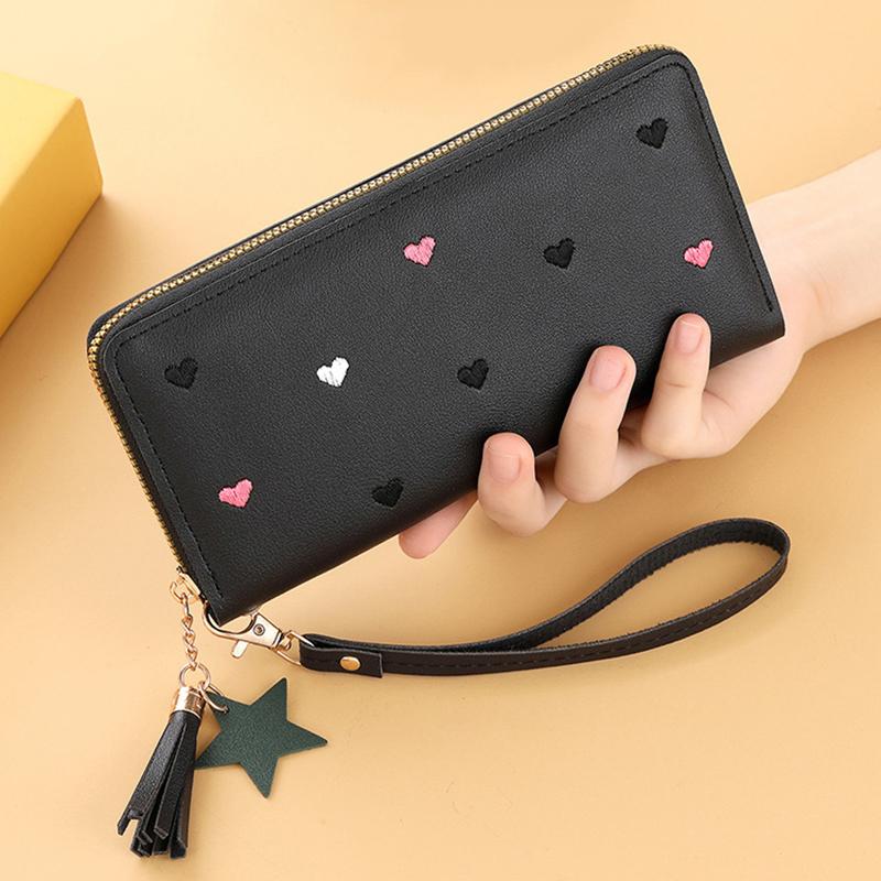 New Long Women Wallet With Heart-Shaped Korean Style Tassel Embroidery Card Holder For Women
