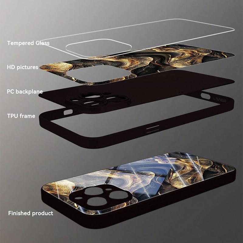 Golden Gradient Line Splice Pattern Tempered Glass Phone Case For iPhone 17 16 Pro Max 15 14 13 12 11 16E 7 8 Plus XR XS X Cover
