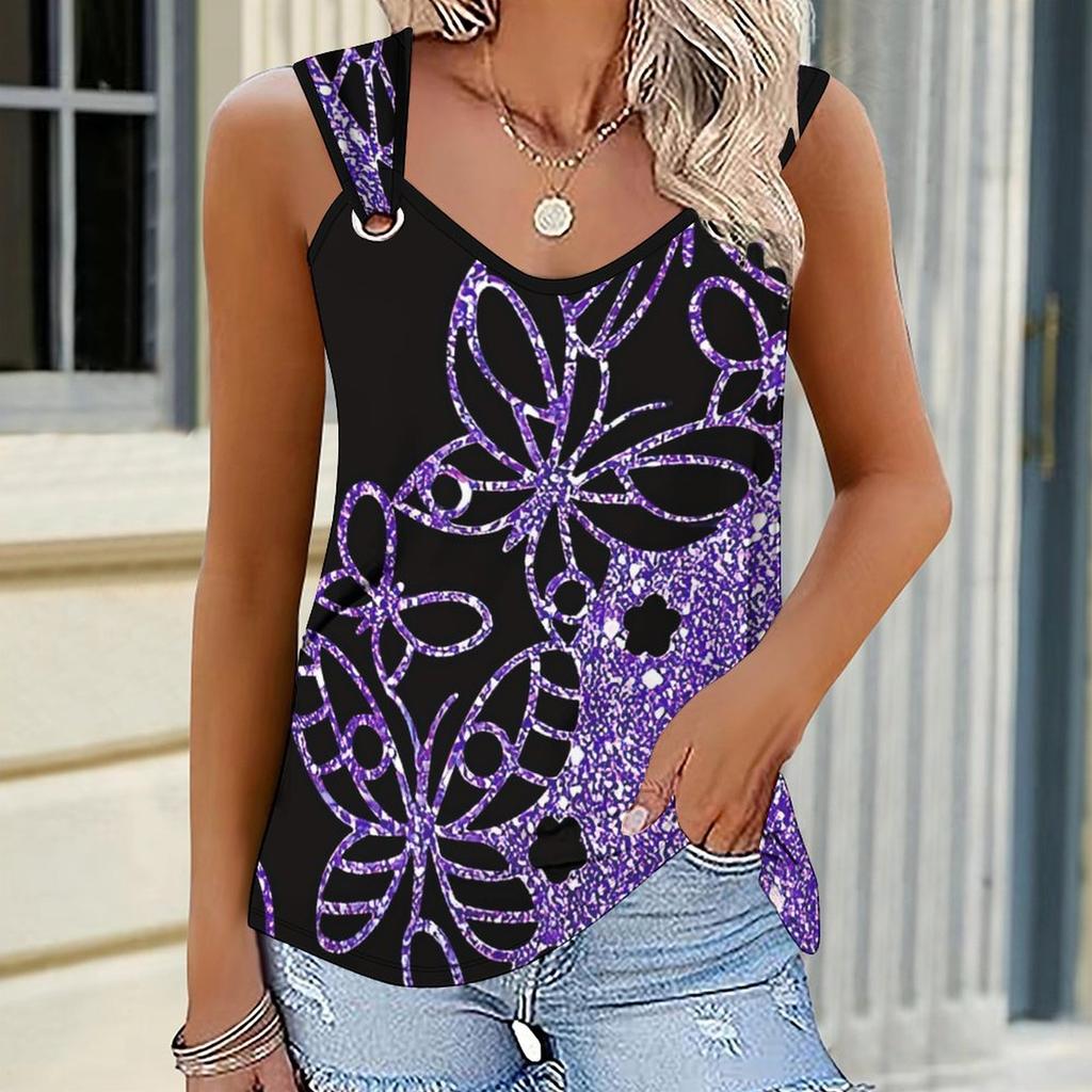 Ladies' Outdoor Casual Sports Double Loop Buckle Vest with Drawing Shiny Solid Color Print Pattern ,V-neck, Sleeveless, Medium Stretch Fabric