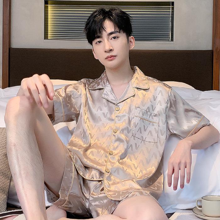 

Мужской пижамный комплект из двойных шорт из ледяного шелка жаккардового плетения - Летнее ощущение имитация шелка домашняя одежда XL