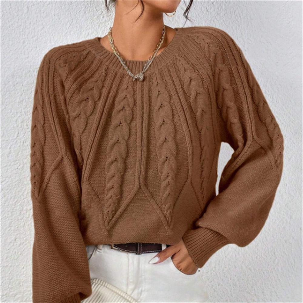 Women's Autumn/Winter Solid Color Cable Knit Sweater, Loose Crew Neck Lantern Sleeve Versatile Knit Top S-XL