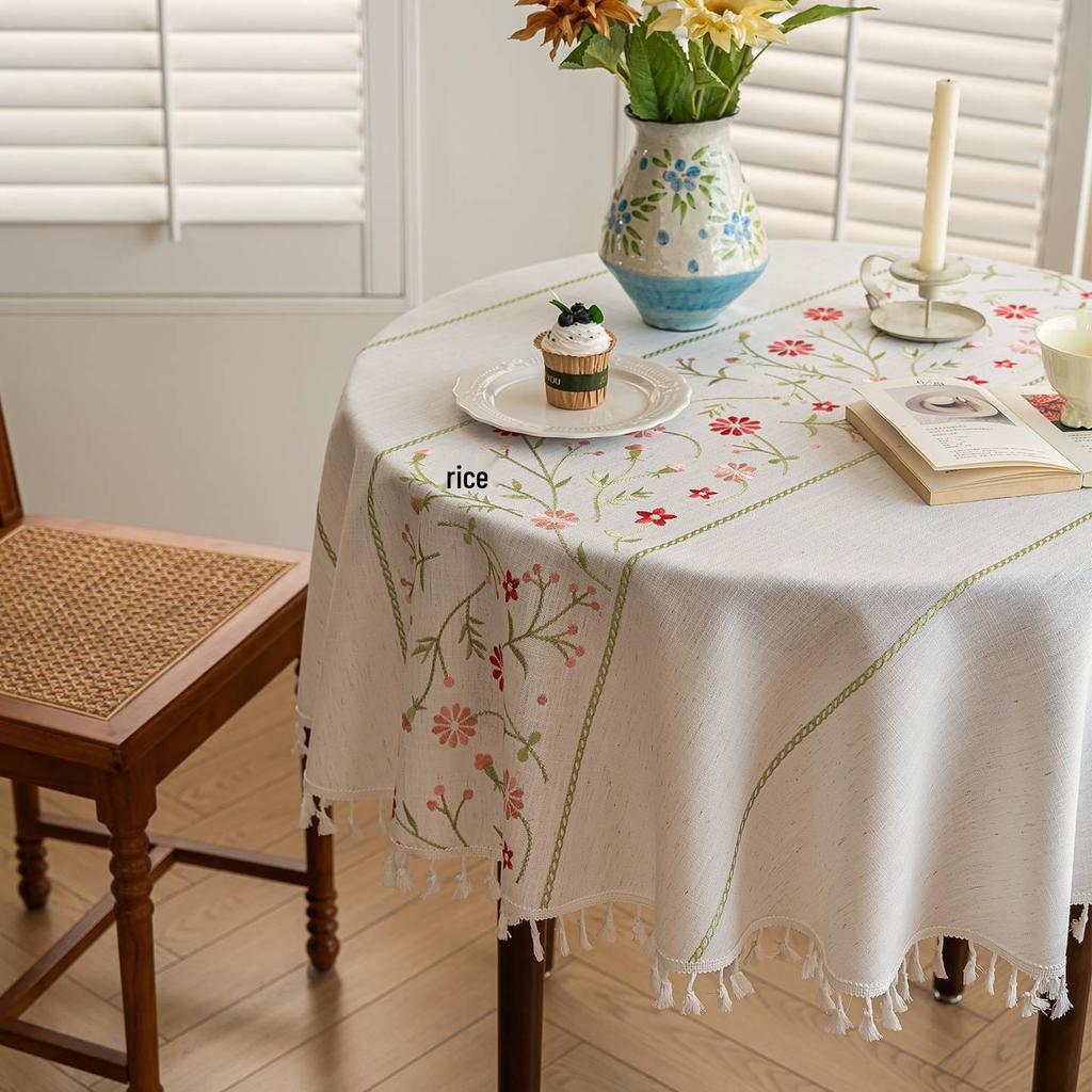 Waterproof Cotton Linen Embroidered Tablecloth for Dining or Coffee Table