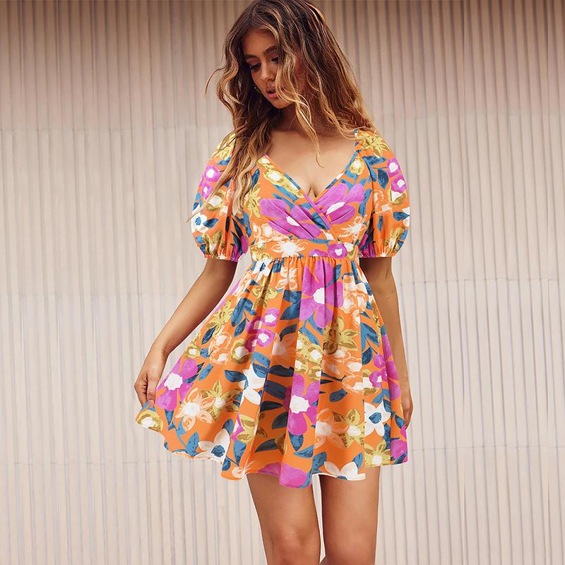 Women Summer Floral Printed V-Neck  Puff Sleeves Cut Out Casual Short Swing Dresses