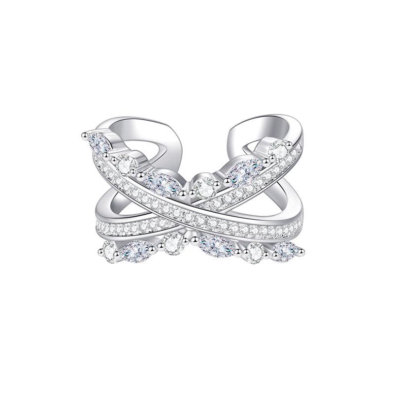 Full Diamond Niche Design High Sense Cross Opening Ring Wide Version Zircon Flash Diamond Light Luxury Personality Index Finger Women'S Fashion