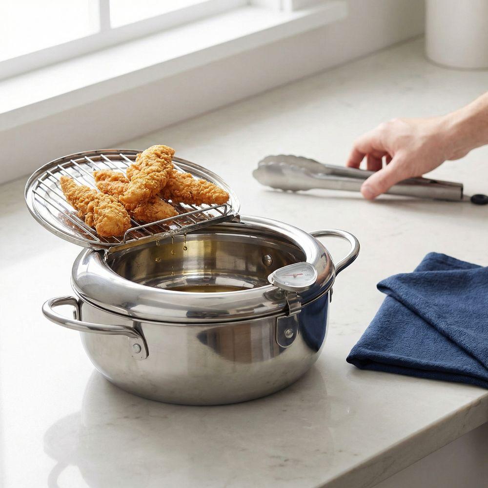 Stainless Steel Deep Fryer Pot with Lid with Thermometer Frying Pan 2.2L Durable Tempura Pot Induction Cooker/Gas Fire