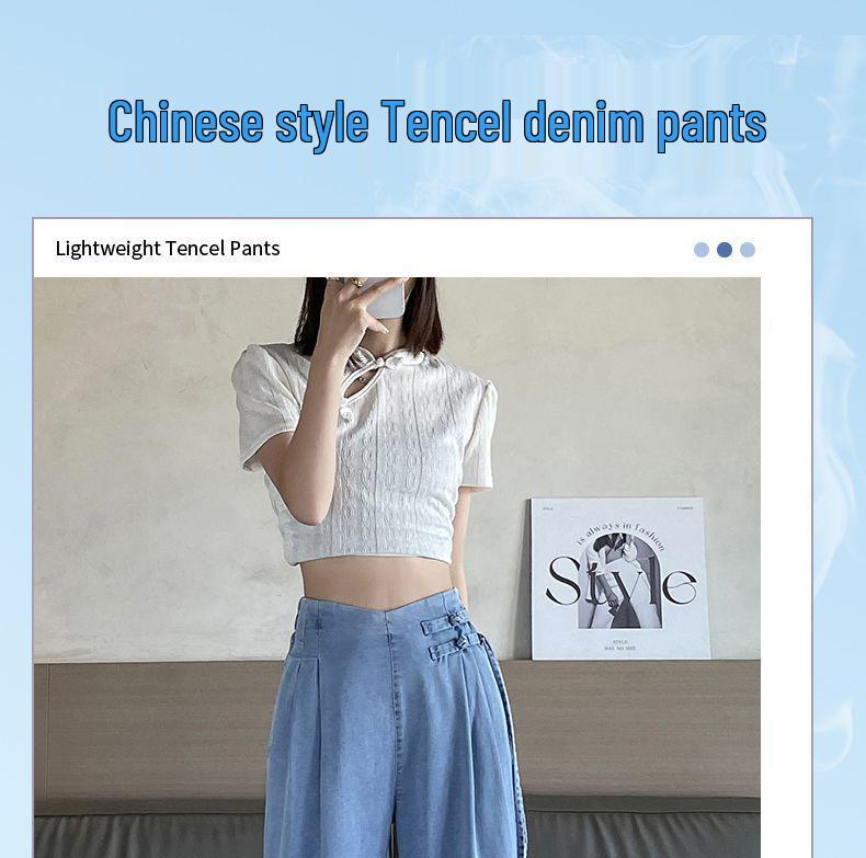 Women's National Style Tencel Button-Up Wide-Leg Jeans - 2026 Summer Slim Straight Casual Pants