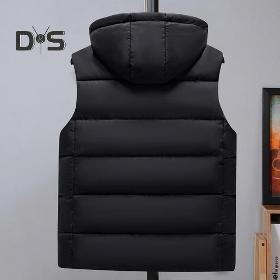 Men Waistcoat Stand Collar Hooded Sleeveless Zipper Placket Down Cotton Vest with Pockets Solid Color Thickened Vest Jacket