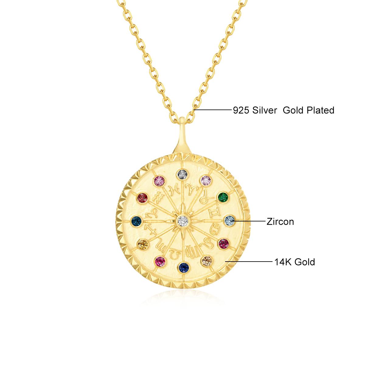 Настоящее Золото 14K Кулон Колесо Фортуны Амулет Магические Счастливые Символы 12 Знаков Зодиака Золотые Украшения Женщины Мужчины Винтажный Подарок