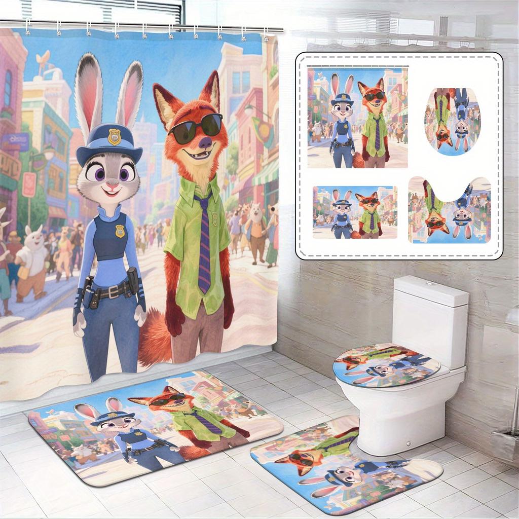 Disney Zootopia Movie Bathroom Accessories Set, 4 Pieces Waterproof Polyester Shower Curtain with Rings, Trendy Decor