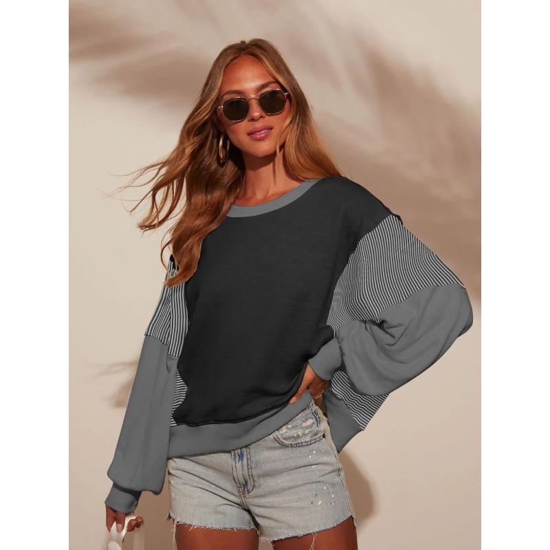 

Весенне-осенняя женская толстовка больших размеров в полоску с круглым вырезом и длинными рукавами XL серый