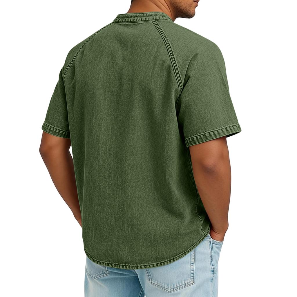 Men Casual Style Denim Short Sleeve Vintage Henley Neck Shirt with Chest Pockets and Button Front Design