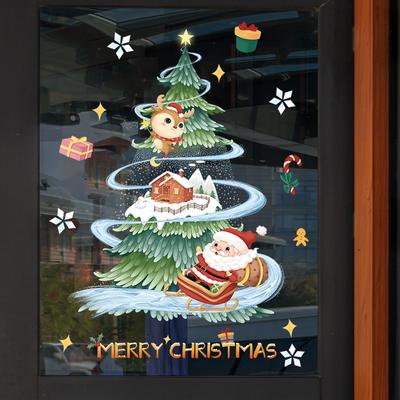 Cartoon Christmas Window Sticker Noel Glass Wall Decor Xmas Tree Static Electricity Sticker Moon Santa Elk Merry Christmas 2025