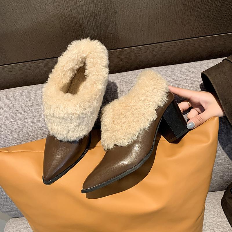 Women's Pointed Toe Large Size Thick Sole Winter Warm Fur One Snow Boots Padded Lined Ankle Boots Anti-slip Hiking Casual Sports Cotton Boots