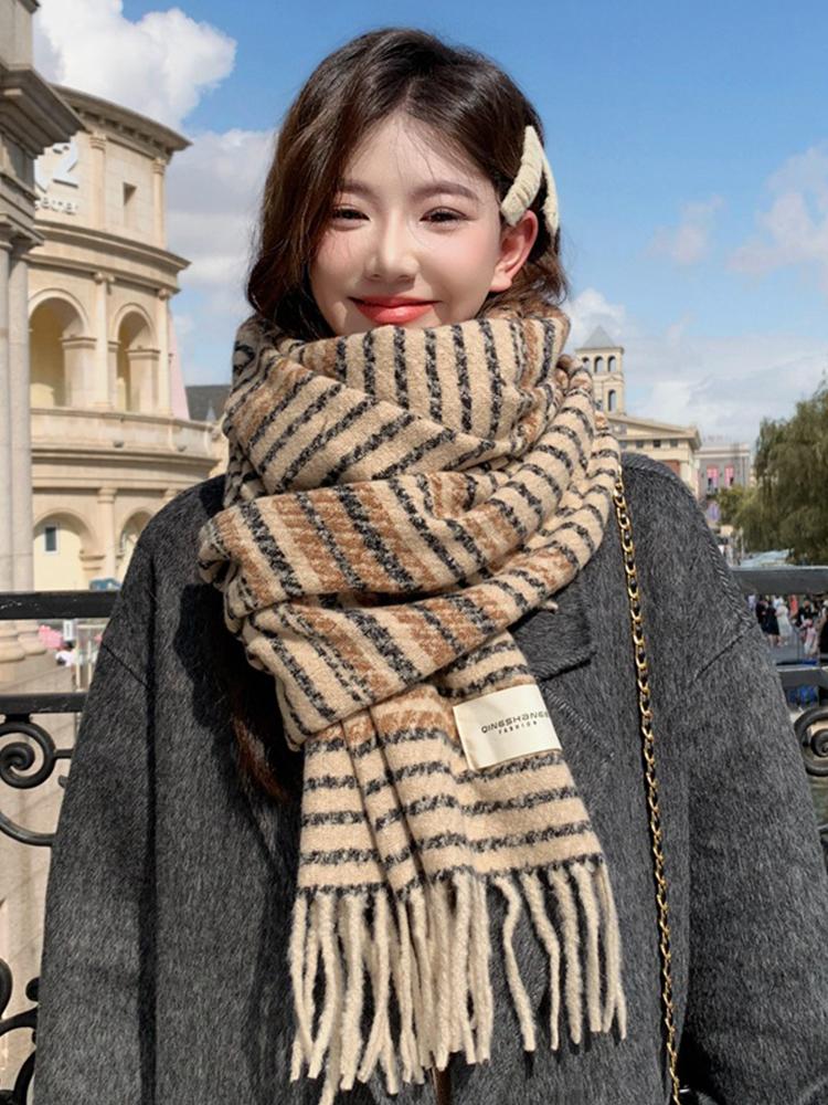 Women Winter Knitted Scarf Headscarf Lady Men Preppy Retro Striped Print Tassel Scarve Male Foulard Wrap Shawl Casual Korean New