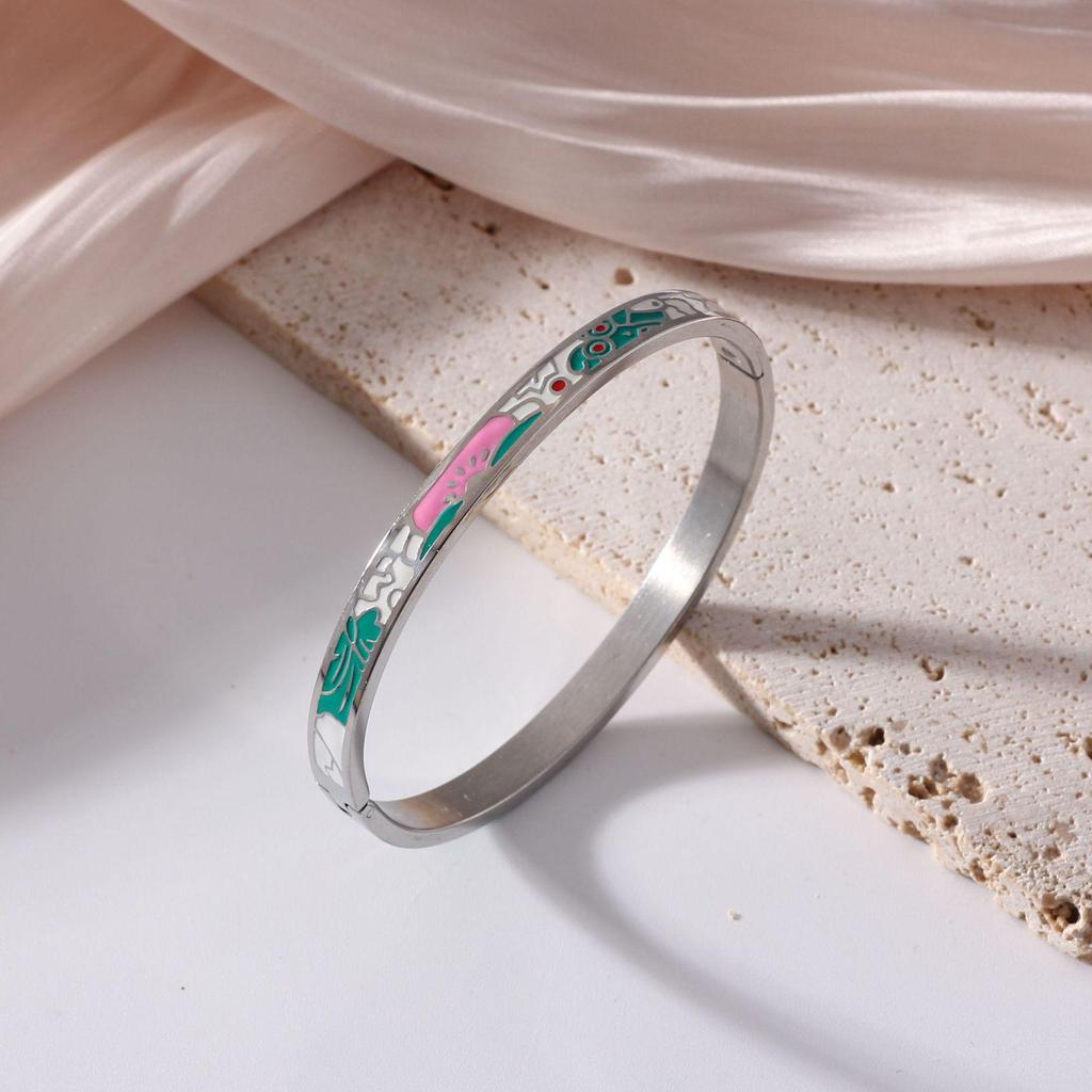 18K Electroplated Women's Retro Enamel Drip Oil Titanium Steel Bracelet, 6mm