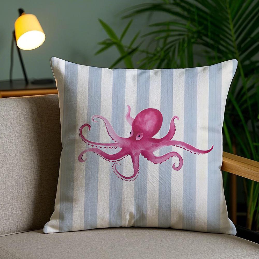 Ocean Life Theme Striped Cushion Cover Soft Short Plush Double-Sided Printing Home Decor Machine Washable Pillow Case Gift