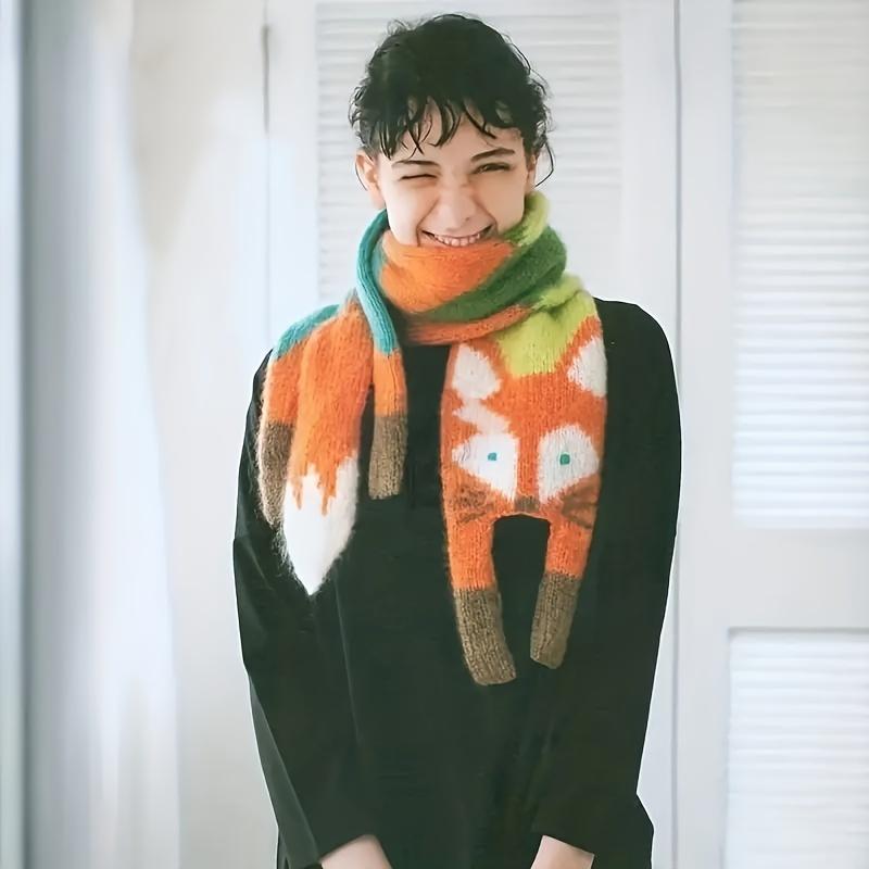 Cozy Fox Plush Scarf for Women - Knit Fluffy Cartoon Winter Neck Warmer Cute Animal Print Fashion Accessory Gift