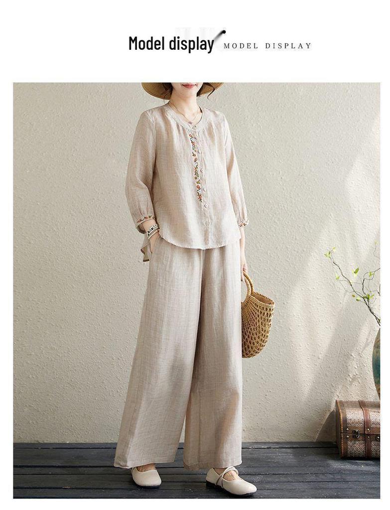 Plus Size Women's Cotton Linen Embroidered Two-Piece Set - Spring Fashion