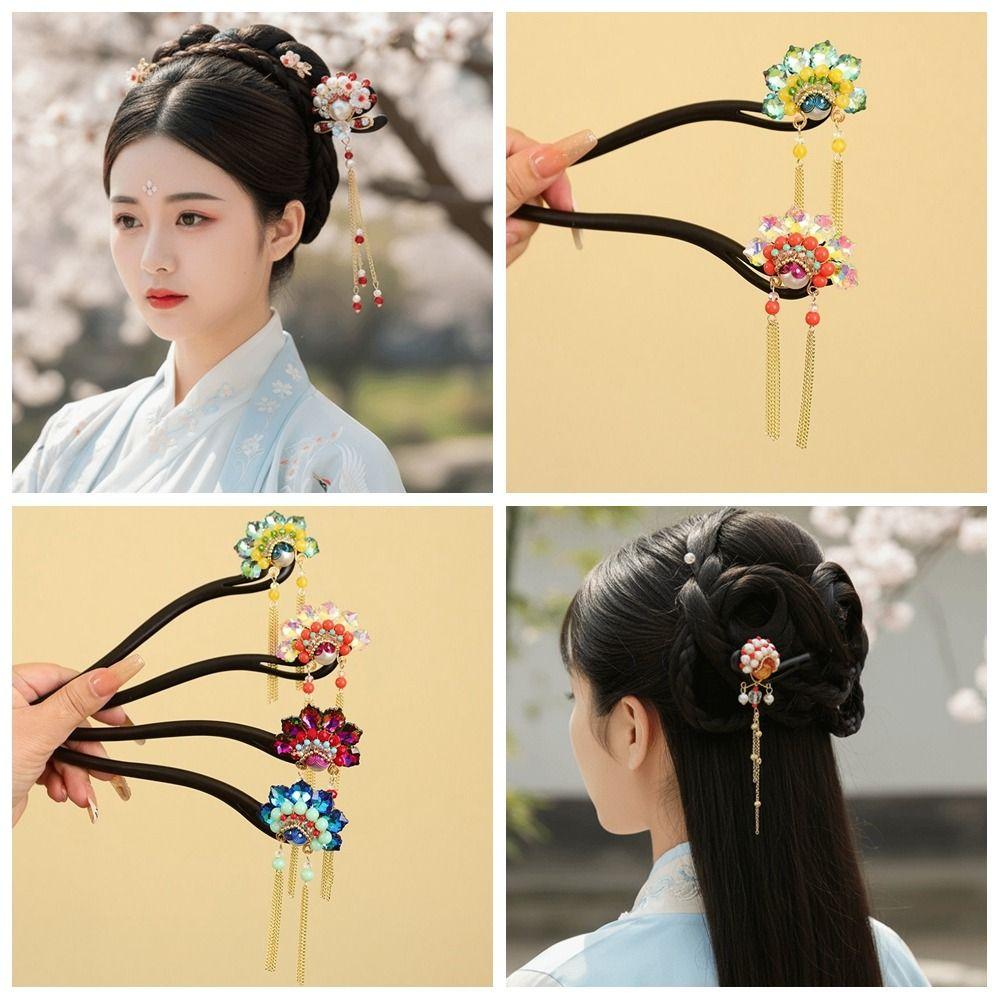 Tassel Wooden Hair Stick Red Hanfu Hairpin Temperament Horse Face Skirt Headwear  Hair Chopstick