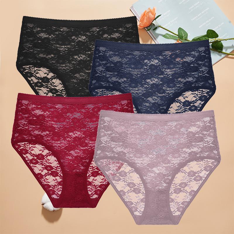 4 Stück Damen Spitzen-Slips Hohe Taille Sexy Unterwäsche Transparent Damen Unterhosen Enganliegend Übergröße Slips S-XXL