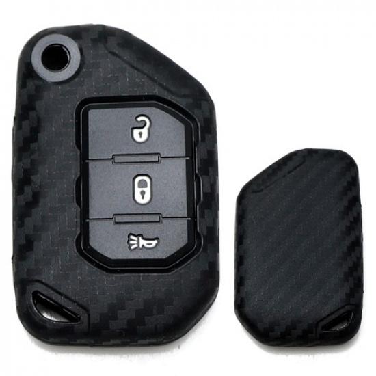 Carbon Fiber  Silicone 3B Key Fob Cover For Jeep 2018+ Wrangler JL Gladiator JT