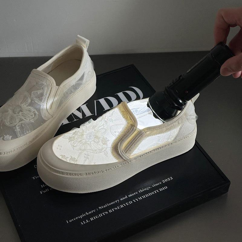 One-pedal Fisherman Shoes Women's Lace Embroidery Sequins Casual Single Shoes Summer New Mesh Breathable White Shoes