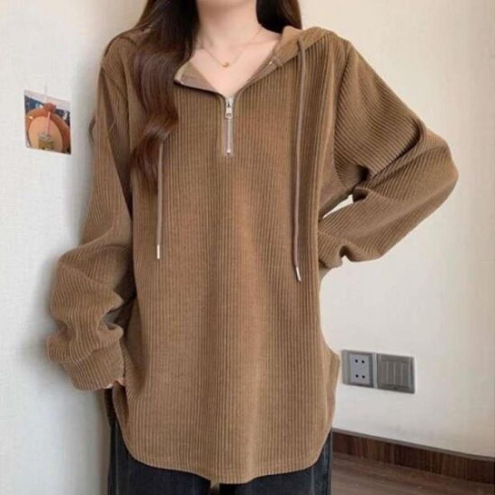 Navava Women Loose FiT Ribbed Half Zip Hooded Long Sleeve T shirT nT3238
