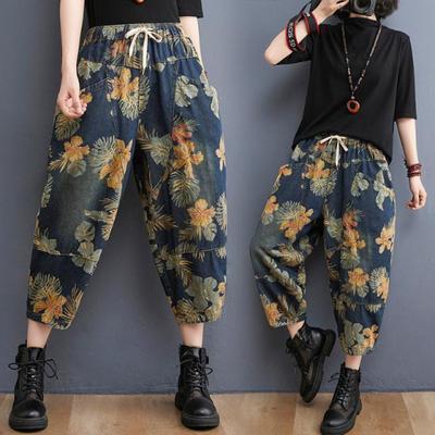 90kg High Wasit Spring Pantalon Streetwear Ankle-length Jeans  Flower Harem Denim Pants Retro Woemn Plus Size