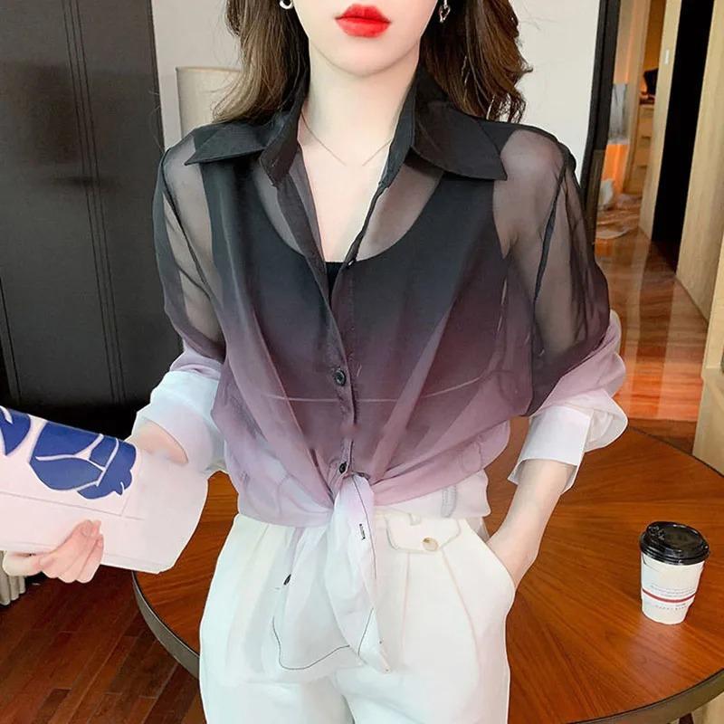 Modefarben Hemd Damen Sommer Tie Dye Kontrastfarbe Sonnenschutzhemden Koreanische Streetwear Bluse