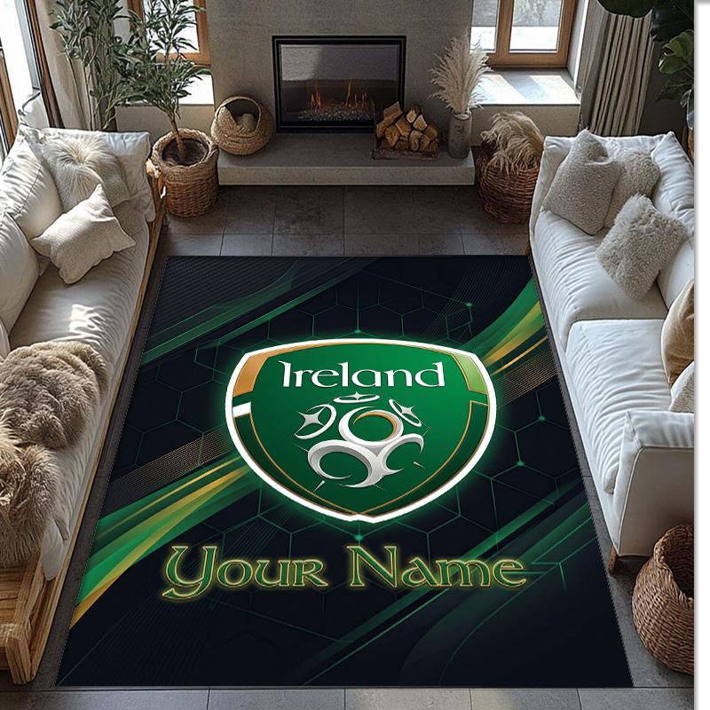 Ireland Rugby Crystal Velvet Rug, Custom Name Text Personalized Non‑Slip Floor Mat for Home Decor Gift