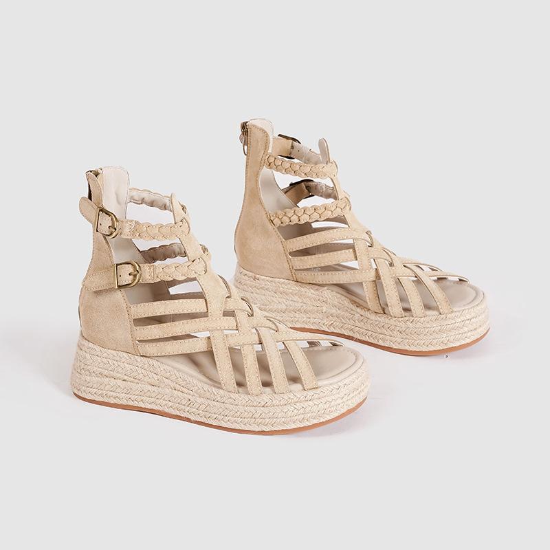 

Винтажные плетеные кожаные римские сандалии на толстой подошве из французской соломы, женские новые водонепроницаемые туфли-таблетки на платформе для лета 2025 40 абрикосовый