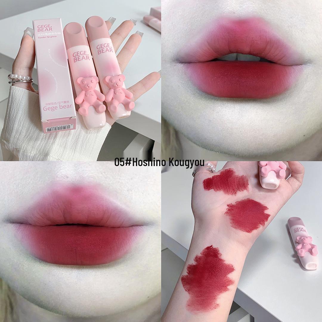 

Gegebear Soft Matte Lip Glaze: Tender Milk Tea Shade.