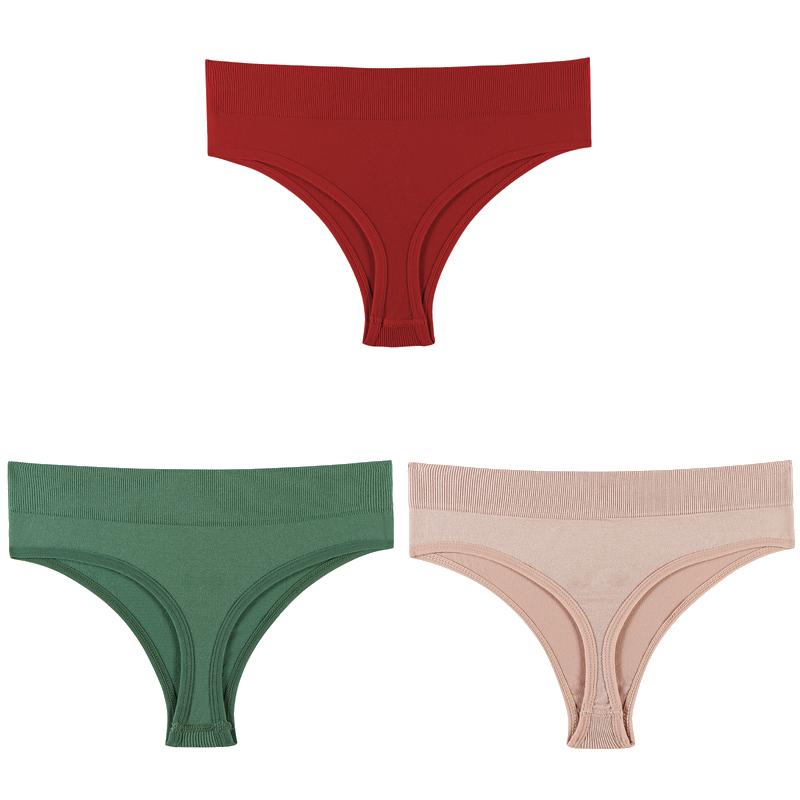 Women Solid 3PCS/Set Panties Sexy Middle Waist G-String Thong Femal Soft Nylon Lingerie Stretch T-Back Thong Underwear