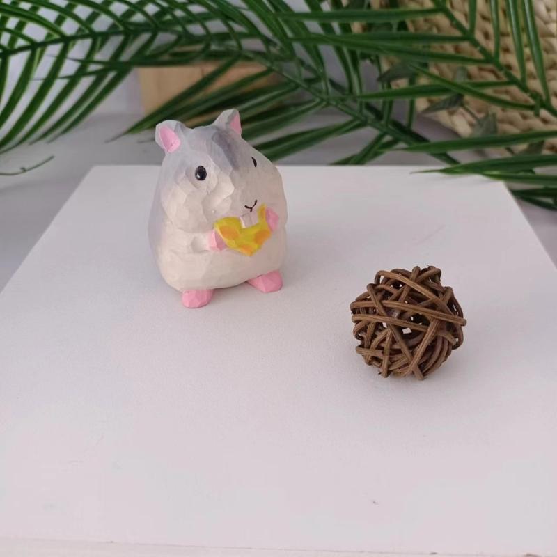 Miniature Foodie Hamster Figurine Fun Wooden Carvings Animal Statue Ornament for Nursery and Bedroom Desktop Decors Gift