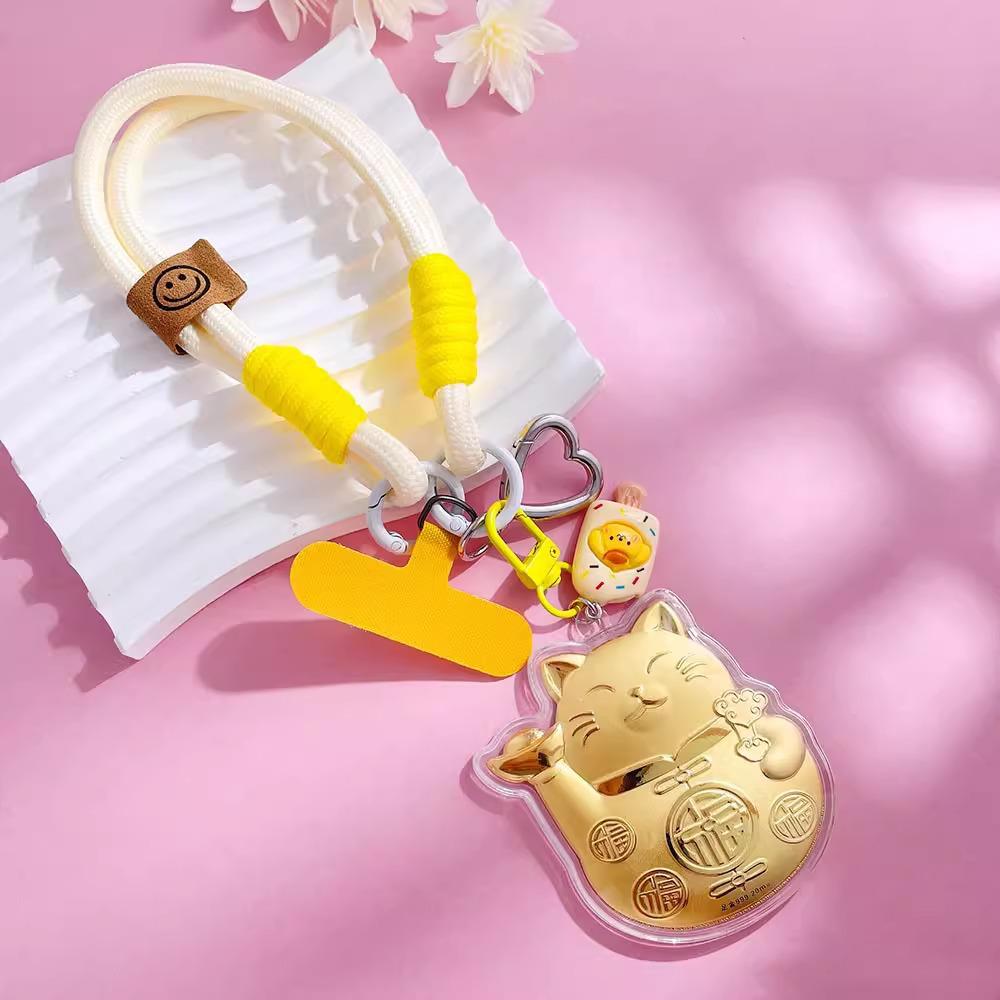 Pure Gold Beckoning Cat Keychain & Phone Strap – Versatile Bag Pendant & Souvenir