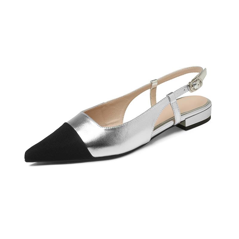 

Кожаные летние кожаные сандалии Baotou с острым носком внутри и снаружи, одинаковые по цвету, с черной головкой и плоской подошвой для женщин 39 серебряный