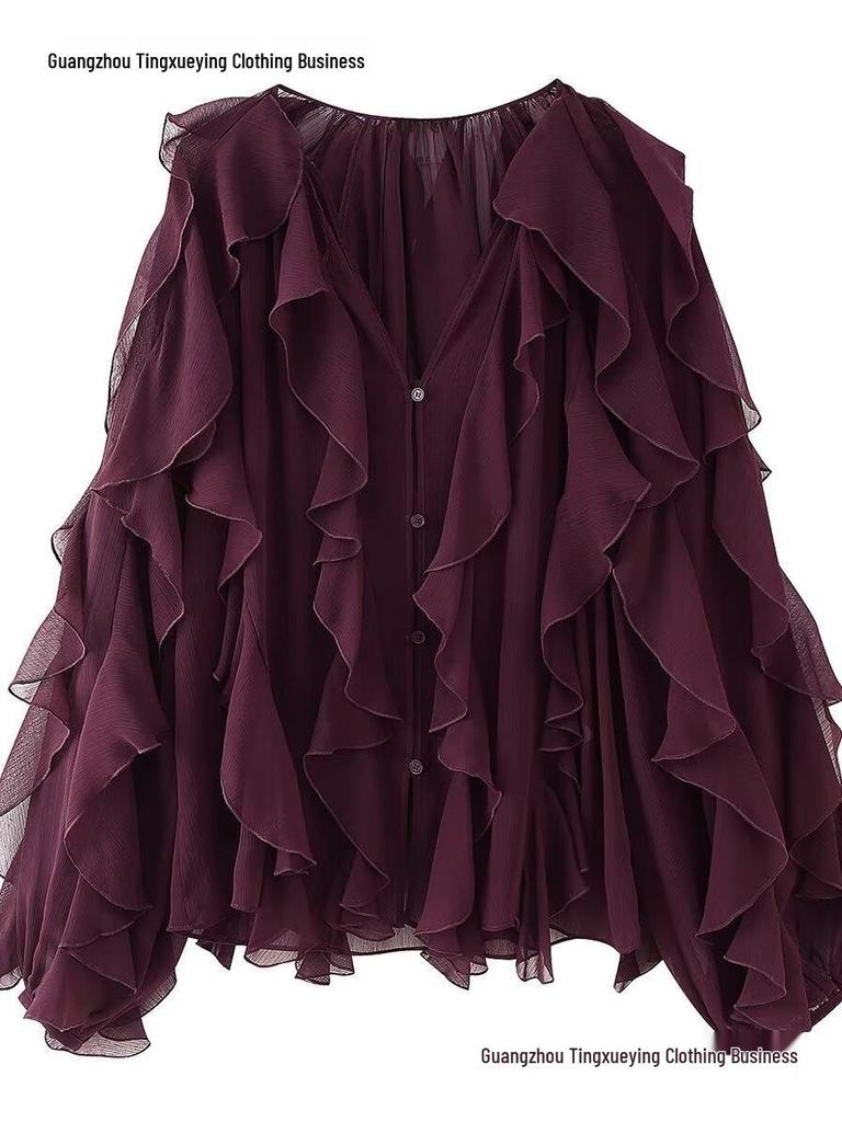Summer 2026 European & American V-Neck Layered Ruffled Pleated Women's Shirt