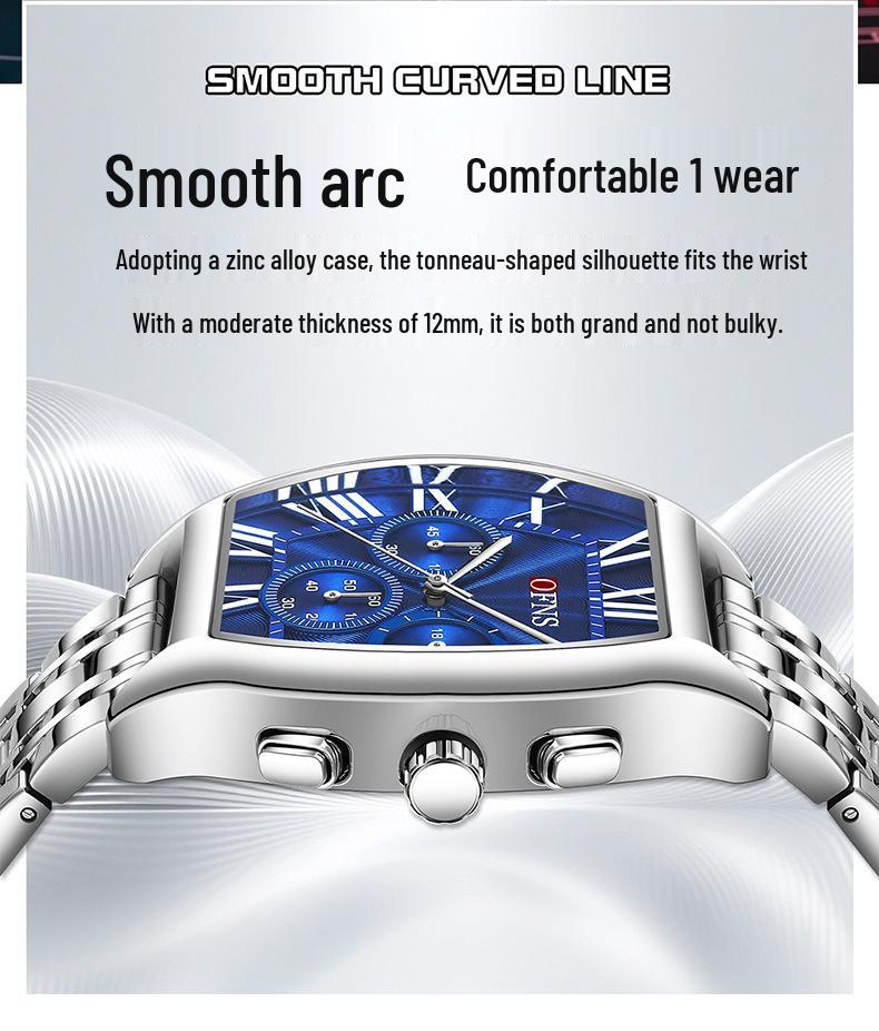 OFNS Men's Barrel-Shaped Waterproof Quartz Watch - Multifunctional Calendar with Three-Eye, Six-Hand Design, Casual Style.