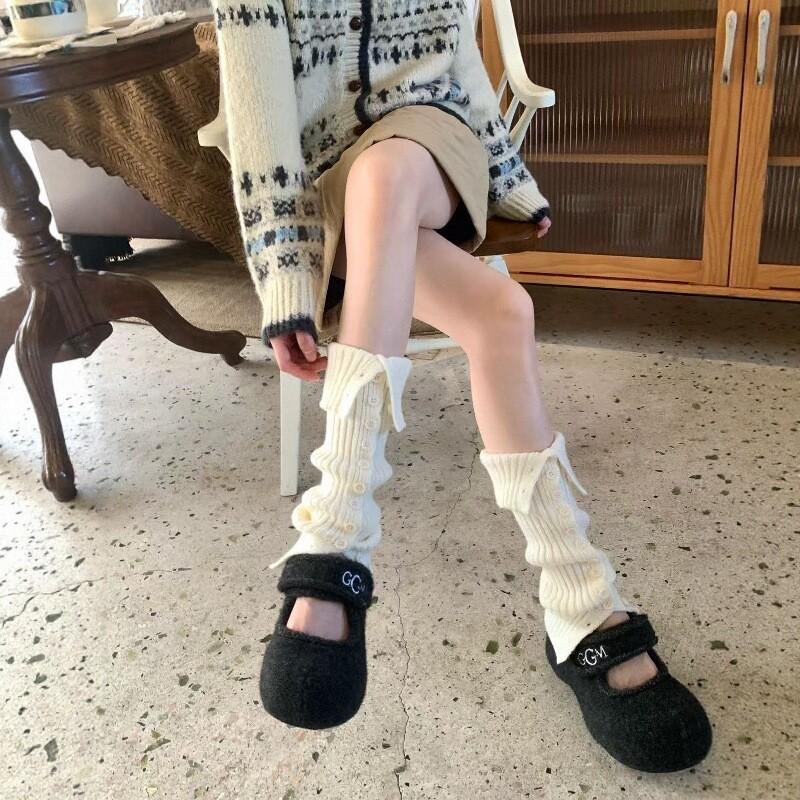 Autumn And Winter Split Button Stacking Socks Cover Women'S Knitted Warm Flanging Medium Tube Leg Guard Leg Cover Non-Slip Calf Socks