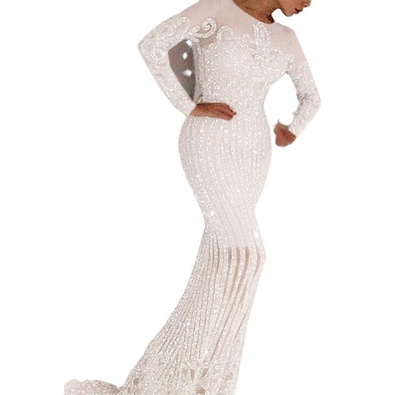 Kvinner Bryllup Brude Brudepiker Elegant Langermet Rund Hals Glitters Maxi Lang Kjole Fest Ballkjole