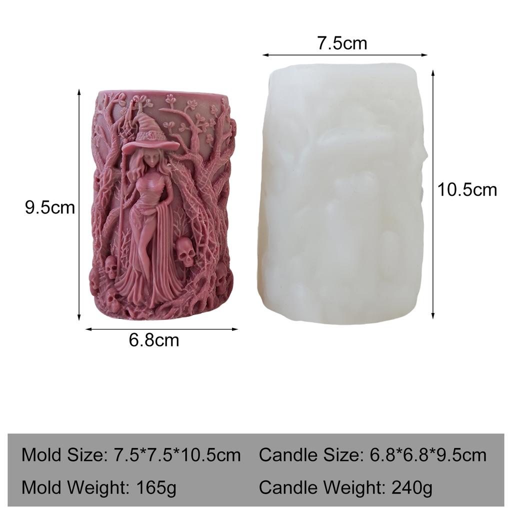 3D Relief Häxkalle Cylinder Silikon Ljusform Halloween Aromljus Gips Hartsform DIY Ljusgjutningsmaterial