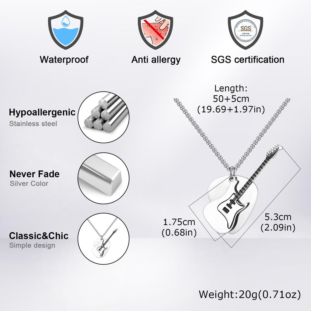 Fashion Punk Guitar Pick Pendant Necklace for Men Stainless Steel Guitar Charm Necklace Rock Hip-hop Jewelry Gift