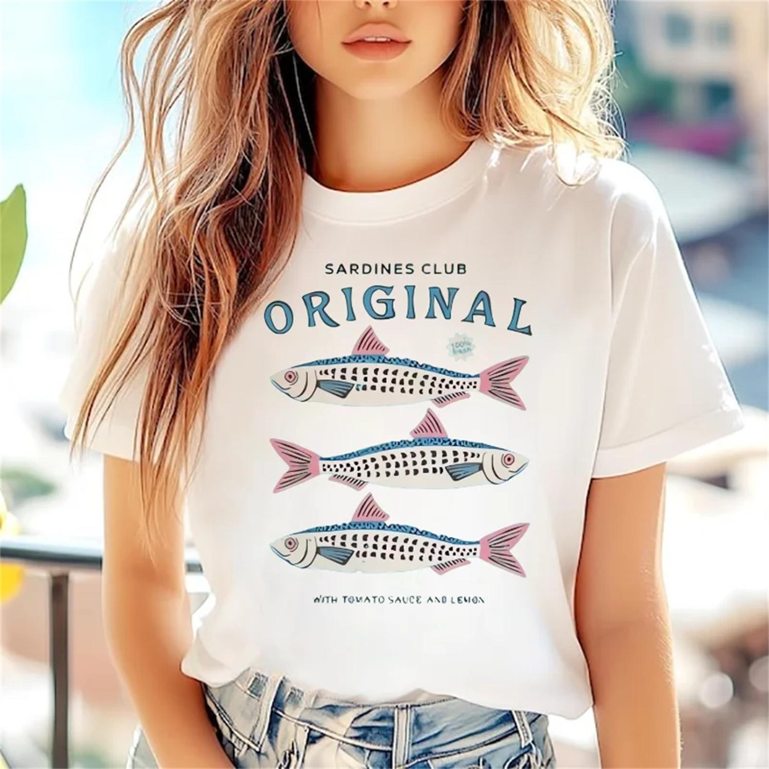 Pattern Sardine Printed Cartoon Seafood T-Shirt Fashion Regular Women s Summer Street Top Women s Beach Travel Short Sleeve S