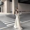 Elegant Square Neck A-Line Dress - Women's Early Spring 2026 Arrival, Long Sleeve, Waist-Cinched Fake Two-Piece Design.