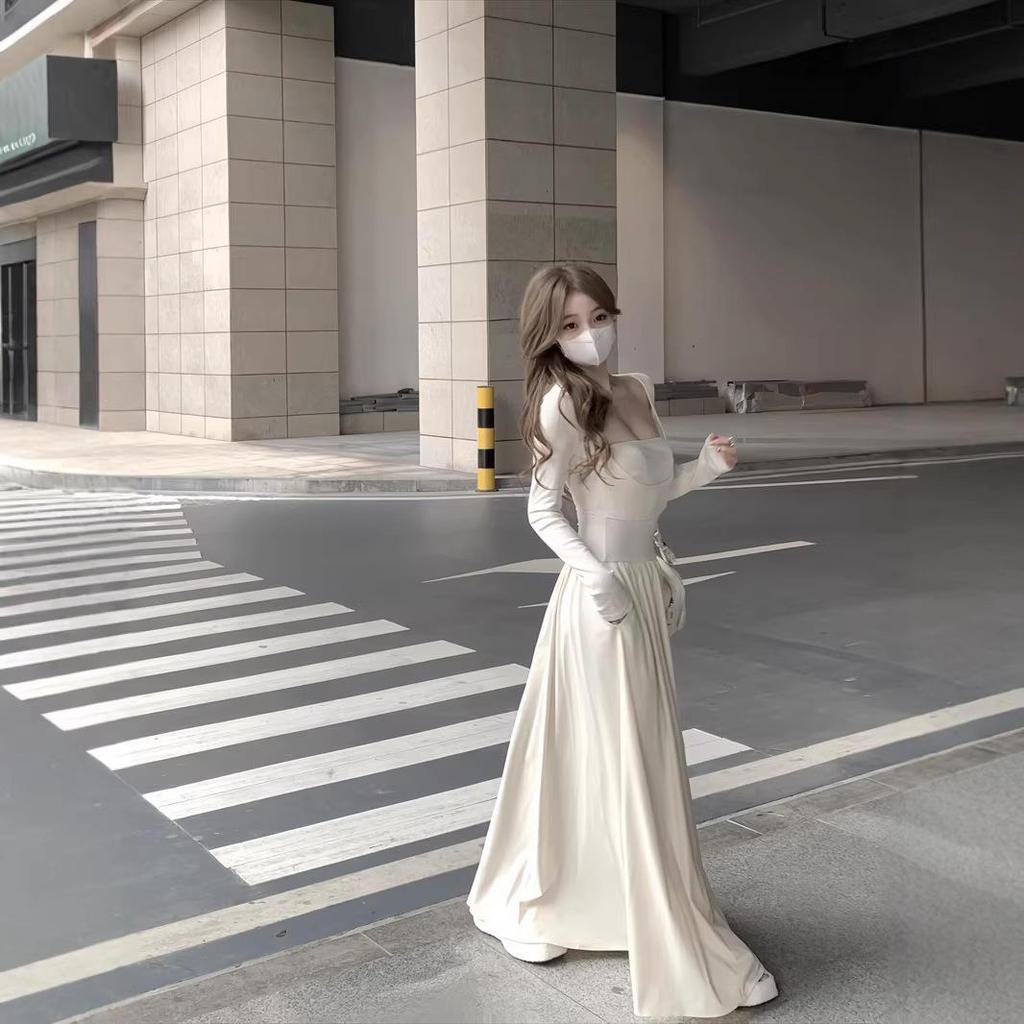Elegant Square Neck A-Line Dress - Women's Early Spring 2026 Arrival, Long Sleeve, Waist-Cinched Fake Two-Piece Design.