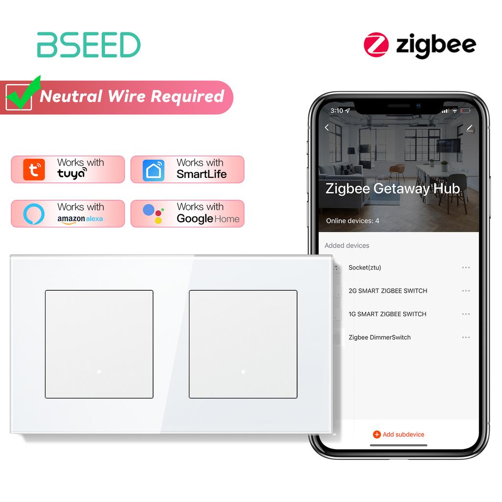 BSEED ZigBee Click Switches Series Wall Smart Click Light Switches Yellow Backlight Glass Frame Tuya APP Switch EU Standard