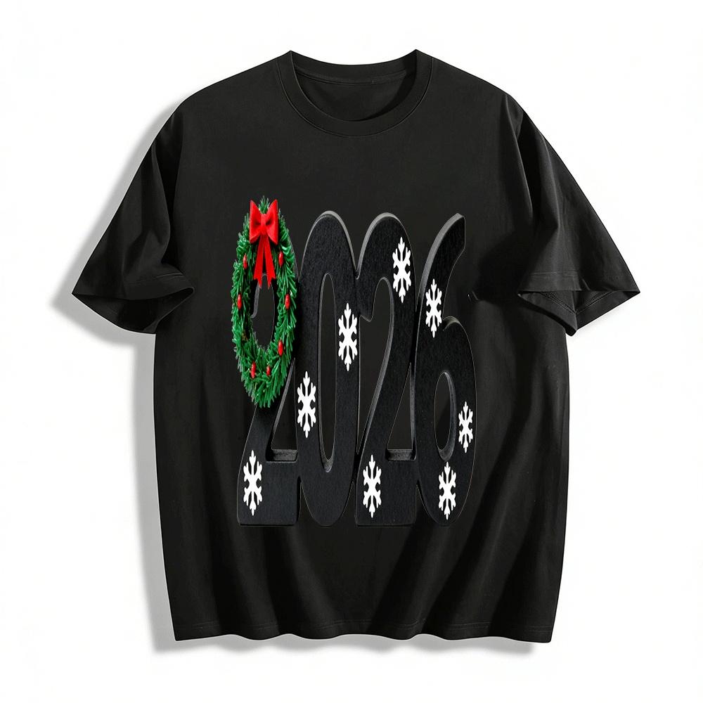 2026 Christmas Themed Snowflake Number Print Casual Top Pure cotton T-shirt XXS