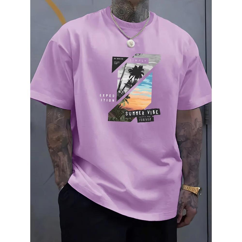 Vibrant Tropical Print Crew Neck Tee - Soft Slight Stretch Fabric, Rib-Knit, Regular Fit, Street Style, Novelty Top for Men