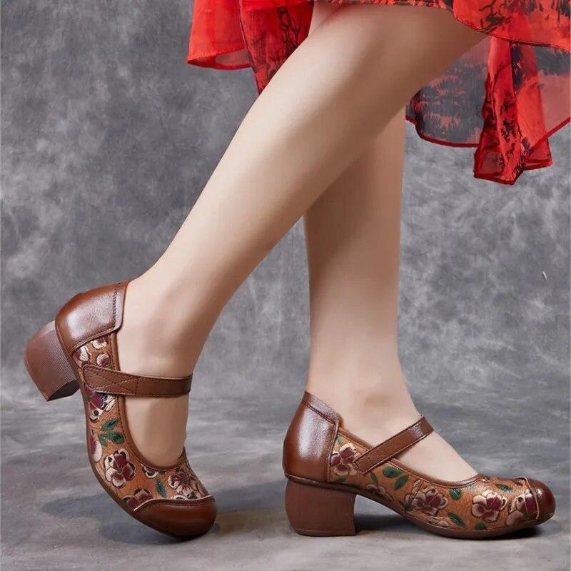 Johnature Pantofi de damă cu imprimeu în stil etnic, din piele naturală, cu vârf rotund, cu toc gros, cu talpă moale