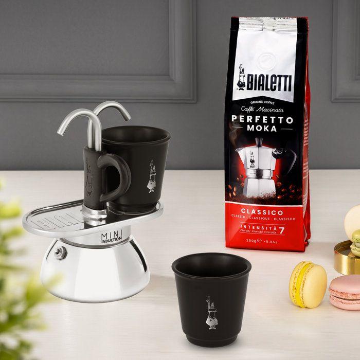 Set Italian Coffee Maker + 2 Cups - BIALETTI - Mini-induction - 100 Ml - Stainless Steel / Black